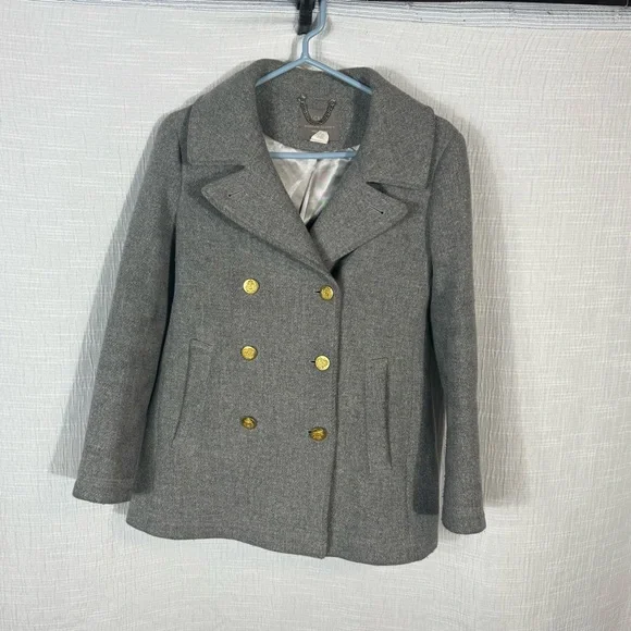 J. Crew Pea Coat Stadium Cloth Nello Gori Gray Gold Button Jacket size 8‎ - Picture 2 of 12